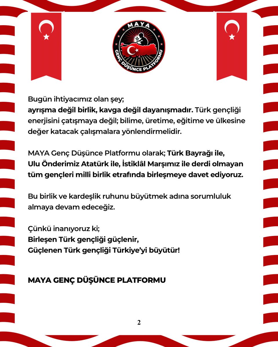 MAYAGencDusunce's tweet photo. Türkiye’nin geleceği; vatanını seven gençlerin birlik ve beraberliğiyle yükselecektir. Gençlerimizi ayrıştırmak isteyen, kaos ve kutuplaşmadan beslenen kötü niyetli yapılara ve terör örgütü zihniyetine asla fırsat verilmemelidir.

Bayrağımıza, Gazi Mustafa Kemal Atatürk’e ve Cumhuriyetimizin temel değerlerine yönelik hiçbir saygısızlığı kabul etmiyoruz, ODTÜ’de yapılan saldırıları kınıyoruz.