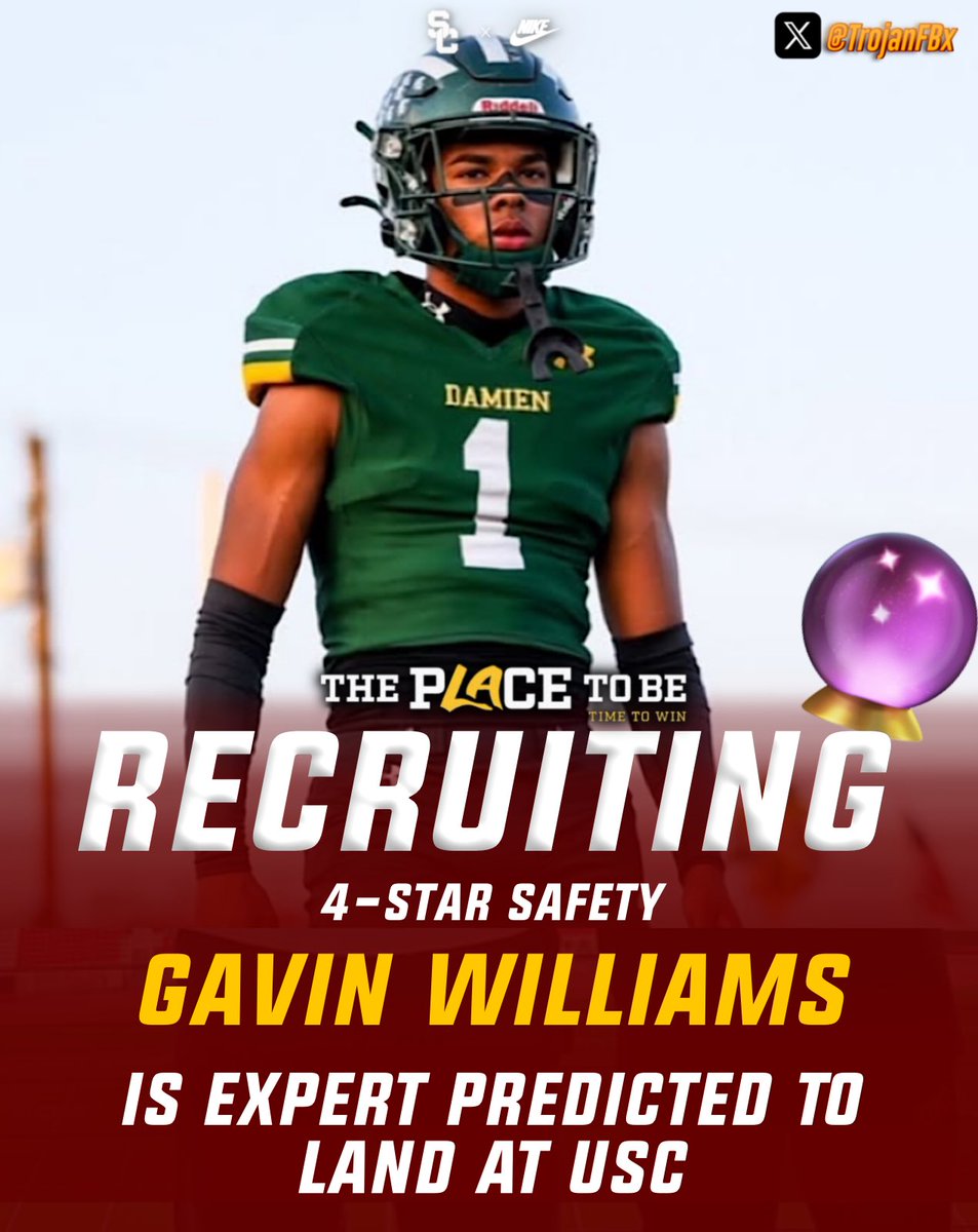 TrojanFBx's tweet photo. 4-star ELITE Safety from Damien H.S. (La Verne, Ca) Gavin Williams has picked up multiple expert predictions to land at USC 👀🔮

Experts: 
@BlairAngulo  100% 247sports
@SWiltfong_  60% Rivals https://t.co/CP9fl5Xwex