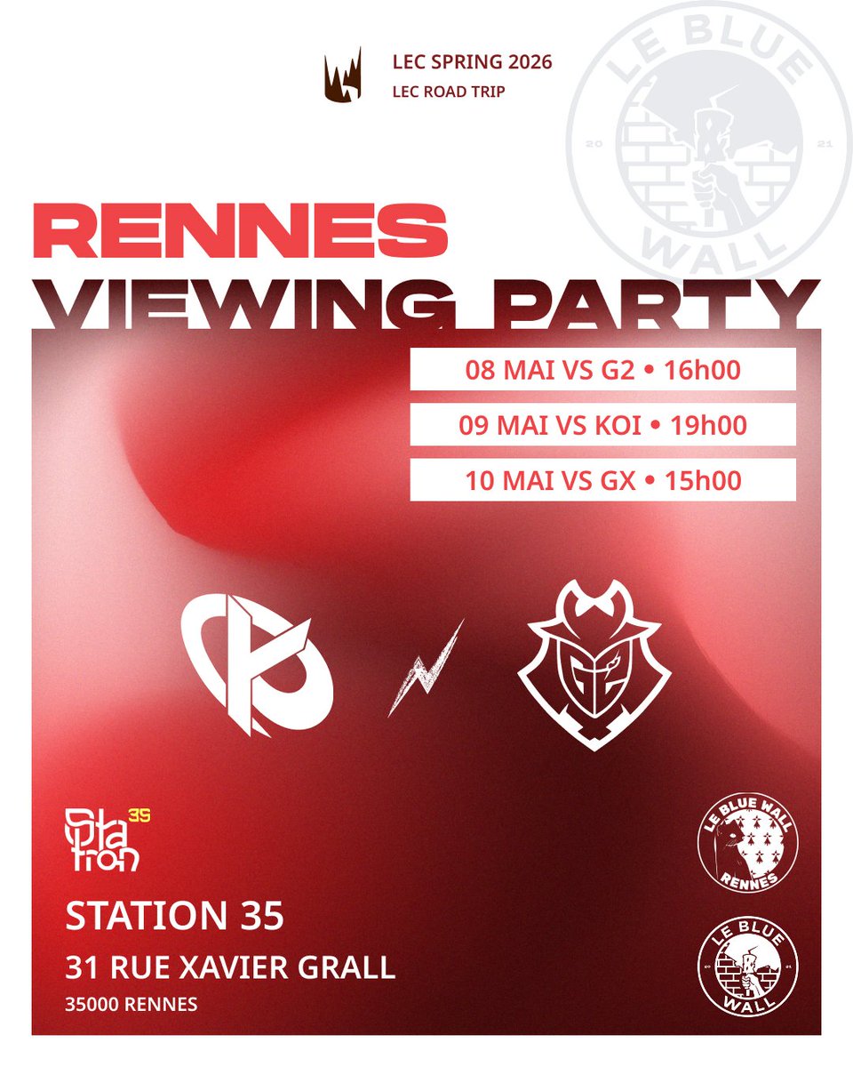 LBWRennes's tweet photo. Hello 👋 Rennes! Dernière semaine de saison régulière et trois matchs nous attendent en direct de Madrid

Vendredi 16h contre G2
Samedi 20h contre Koi
Dimanche 15h contre GX

📈📉toujours chez @StationEsport 

#kcwin #kcorp @LeBlueWall https://t.co/viABjvmdIg