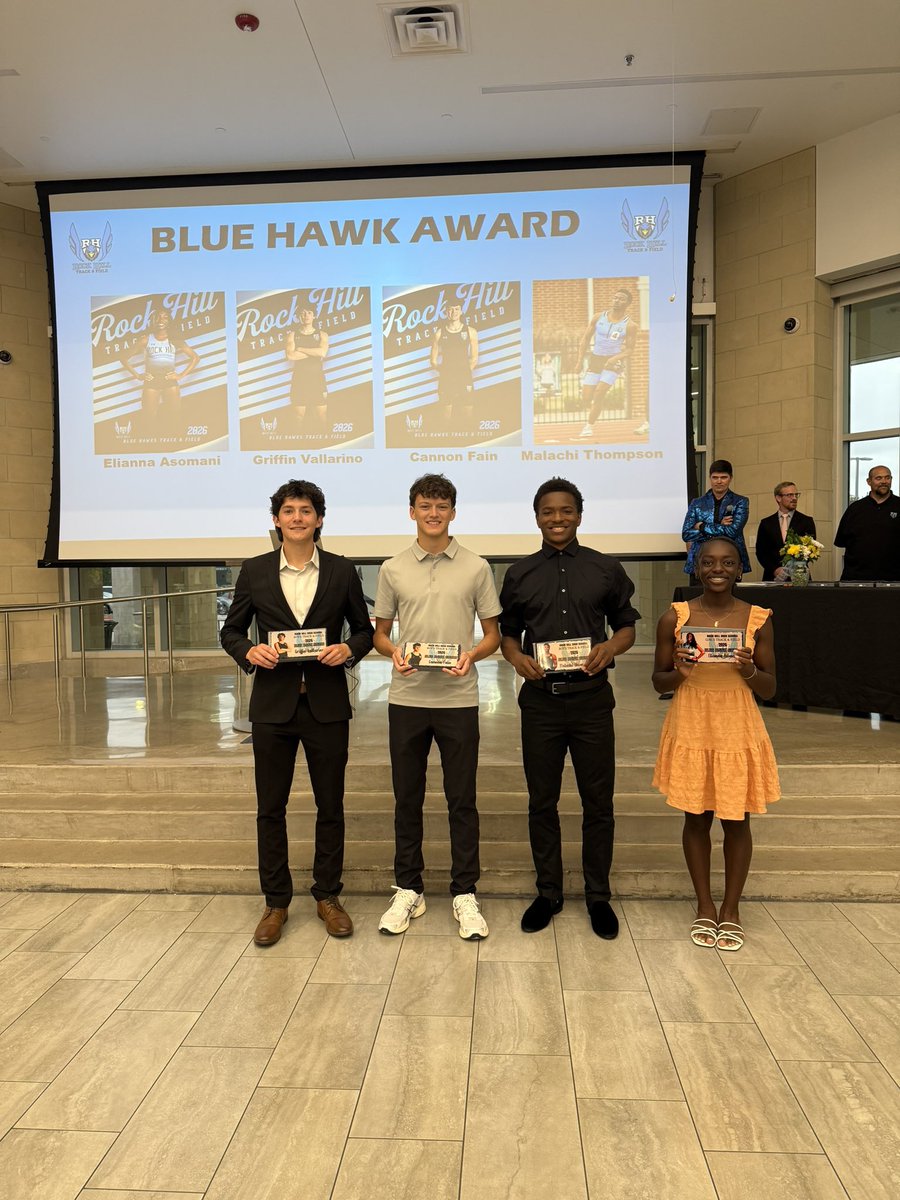 rockhillxctf's tweet photo. Our Blue Hawk Award is given to athletes who are students of the sport, love sharing our team with others, and embraces Rock Hill character pillars of ICSEEU. Congratulations to Elianna Asomani, Griffin Vallarino, Cannon Fain, and Malachi Thompson! https://t.co/LmU3Vh2app