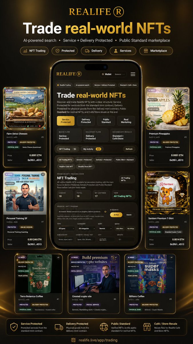 Realife_Crypto's tweet photo. NFTs should not only represent art or speculation.

With Realife, sellers can mint NFTs for real goods or services, list them for trading, and use protected flows for delivery or service completion.

~50 sec mint
~30 sec listing
Escrow-style protection
NFT receipts for real-world transactions

Real-world commerce onchain.

https://t.co/EOxlRj67ua