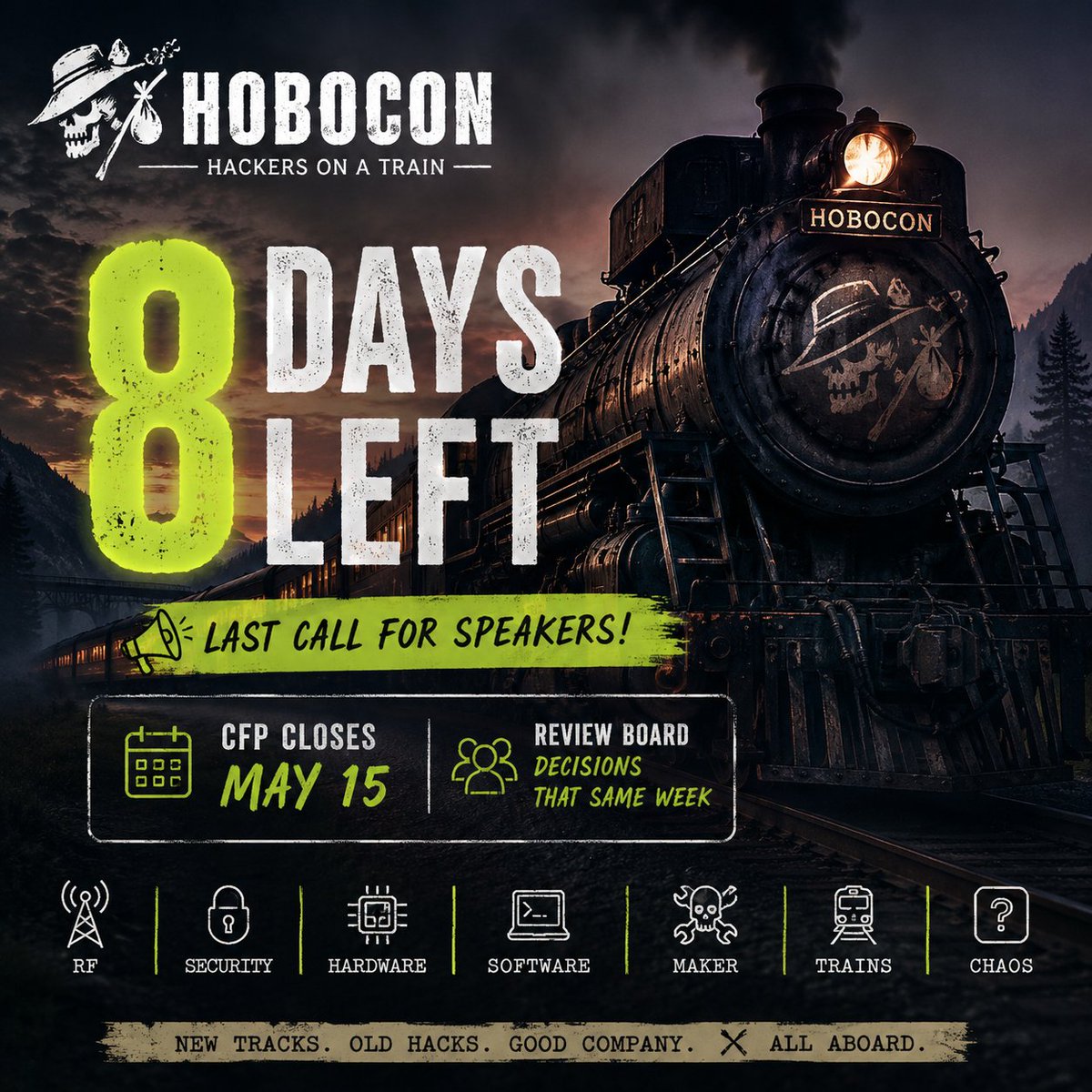 hobocon_conf's tweet photo. 🚂 LAST CALL FOR SPEAKERS 🚂

Only 8 days left to submit a talk.

CFP closes May 15. Review board decisions happen that same week.

Security. RF. AI. Hardware. Weird side projects. Train chaos.

First-time speakers welcome.

All aboard. 

#Hobocon #CFP #InfoSec #HamRadio #Badgelife