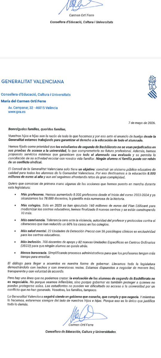 La Conselleria está usando recursos institucionales para enfrentar a familias y profesorado en lugar de resolver un conflicto educativo que lleva años acumulando malestar. Defender la educación pública también es defender las reivindicaciones de quienes la sostienen cada día.