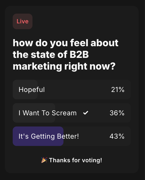 eskeymo's tweet photo. Attending a "B2B is not boring -- you are" webinar with the good folks that make up Slate's social media marketing team.First poll and 1/3 of people are currently feeling 😱 (and yes, including moi!) https://t.co/EkmNQ0lgdz