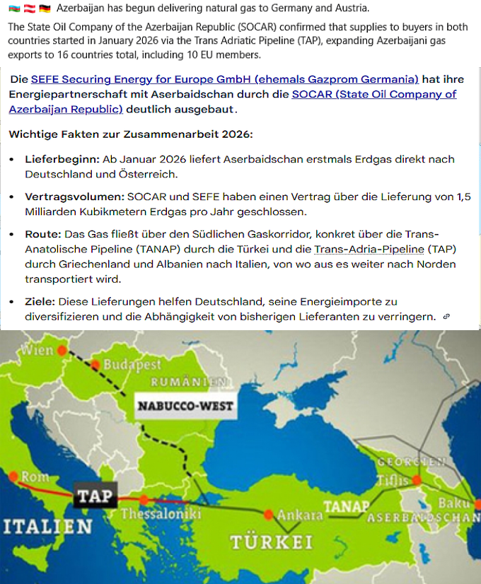 kampfhex's tweet photo. @Storch_i unerträgliche AfD-Lügenbeutel ‼️

Forderung nach 🇷🇺 Pipeline-Gas zur Rechtfertigung der russo-faschistischen Terrorzelle im Kreml + ihres Angriffskriegs gegen die Ukraine

wobei Azerbaijan (SOCAR) im Januar 2026 Gaslieferungen nach 🇩🇪+🇦🇹 aufgenommen hat

Azeri Gas via TANAP+TAP https://t.co/n2mQVMAItf