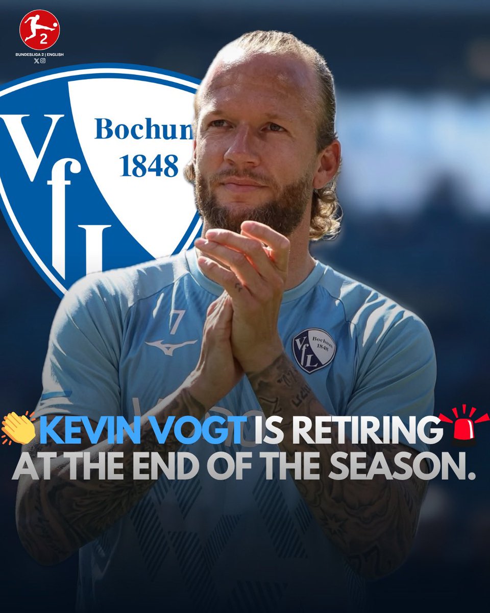 Bundesliga2_EN's tweet photo. 🚨 Official: Kevin #Vogt is retiring from football.
🤝 VfL Bochum and the 34 y/o defender have come to an agreement to terminate the contract early, due to health and injury reasons.
🗞️ https://t.co/YEqMJd3Sf1
#Bundesliga2 #meinVfL https://t.co/dGd3fxY6ja