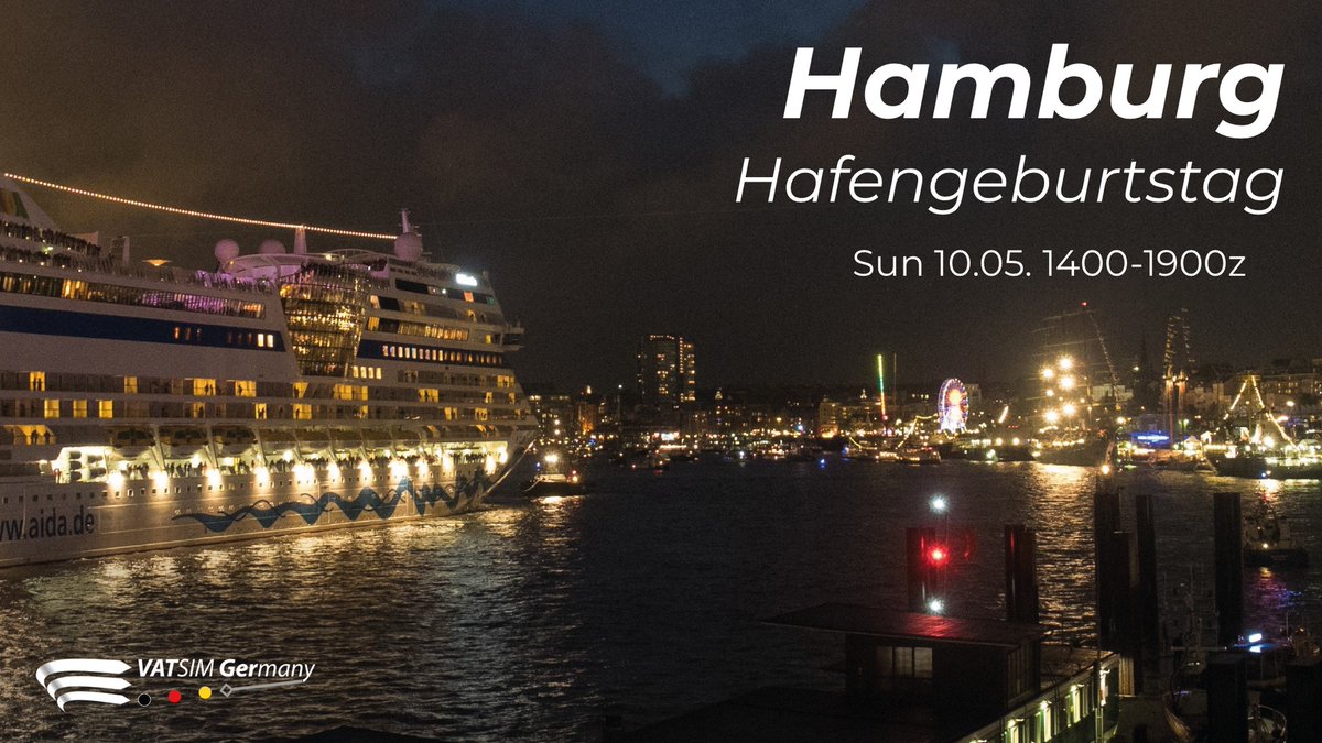 VATGER's tweet photo. VATSIM Germany invites you to Hamburg on May 10th from 14-19z to celebrate the 837th port anniversary in Hamburg. Everyone is welcome and can look forward to full ATC coverage! #VATSIM #VATGER #flightsim https://t.co/ARNpMwfl41