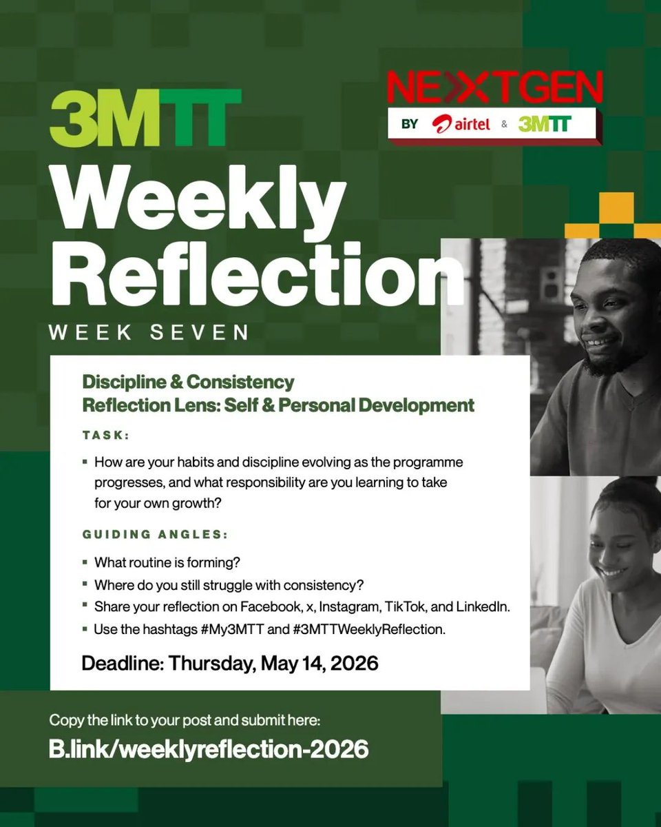 ubweb10's tweet photo. Week 7 of the 3MTT journey has been a strong reminder that growth is built on discipline and consistency

Over the past weeks, I’ve become more intentional with how I spend my time, how I learn, and how I show up daily. A solid routine is gradually forming learning consistently, https://t.co/2ezGEuOrNo