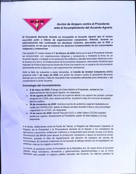 EmisorasUnidas's tweet photo. #AHORA El Comité de Unidad Campesina presentó un amparo en contra del presidente Bernardo Arévalo, por incumplir el Acuerdo Agrario firmado con organizaciones indígenas y campesinas al inicio de su Gobierno. Las organizaciones advierten que el estancamiento del acuerdo ha paralizado avances en acceso a la tierra, desarrollo rural y apoyo a la economía campesina | Vía Sara Solórzano