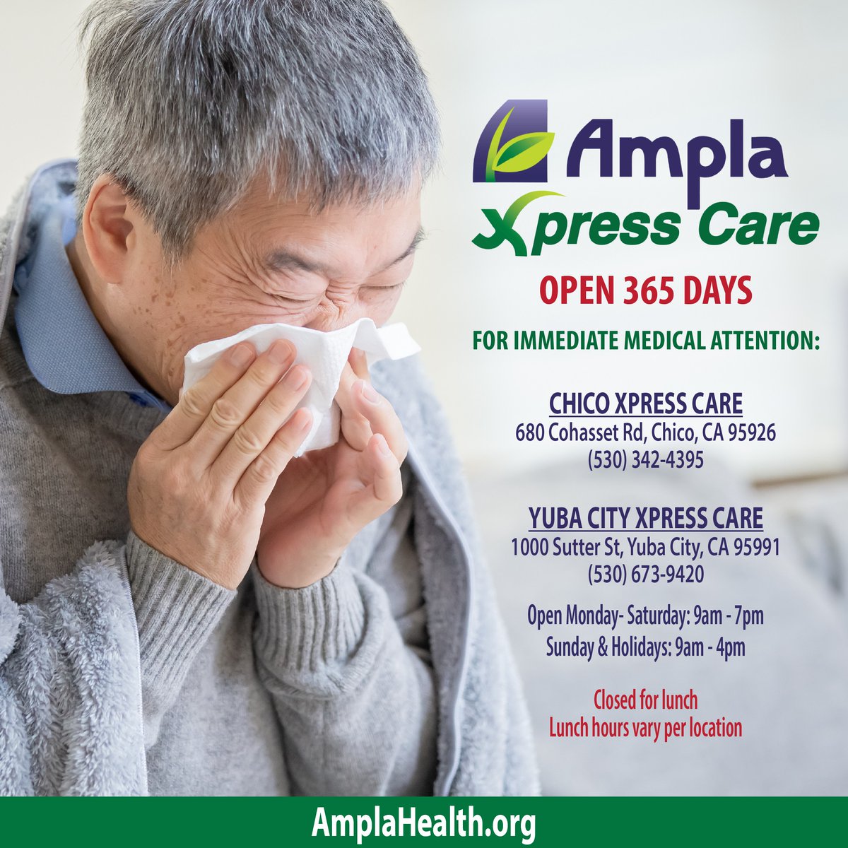 Ampla Xpress Care is open on weekends. No Appointment is Needed, and Walk-Ins are Welcome. To find the nearest location visit us at: amplahealth.org/ampla-xpress-c… Follow, Like &amp; Share our page #AmplaHealth