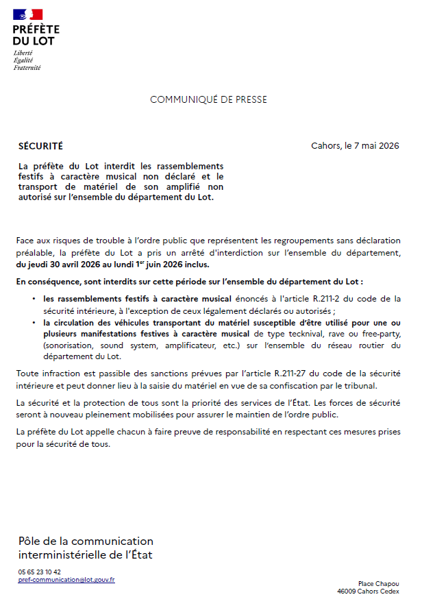 Image de Préfète du Lot - #Sécurité | Interdiction de rassemblements festifs à caractère musical non déclarés et de transport