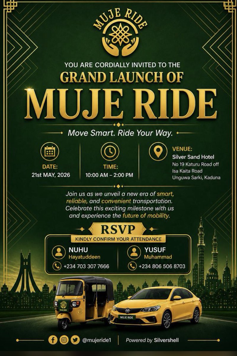 Hello people of Kaduna!
Are you ready for a stress free ride? Whether it’s work, school, meetings, or late-night movement, Muje Ride is here to get you there safely, quickly, and comfortably. No stress, no delays, just smooth rides at your convenience.