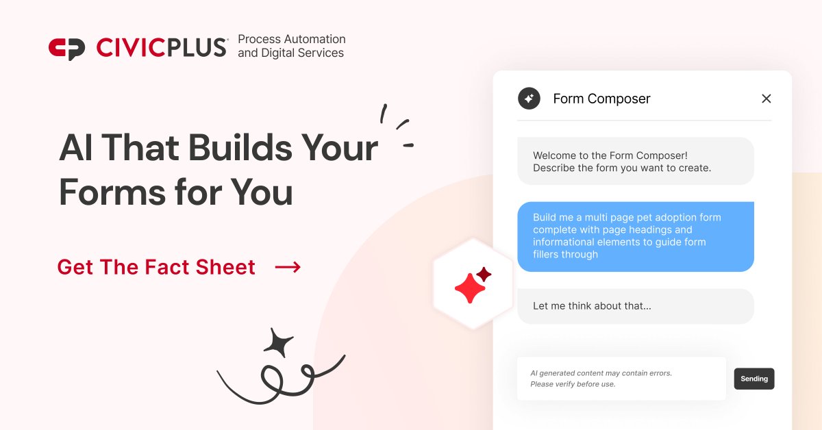 CivicPlus's tweet photo. Transform hours of manual configuration into minutes with natural-language-driven form creation. Simply describe what you need, and Form Composer generates a complete form structure—fields, labels, validations, and basic logic included—ready for quick review and launch. 

Get the Fact Sheet: https://t.co/zWyw1wv6zX
