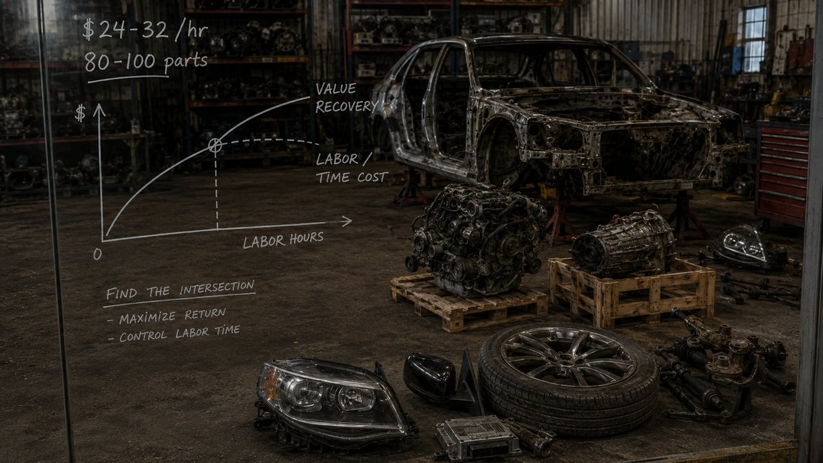 salvageflow's tweet photo. Every donor has a stopping point.
Pull the parts with a real sale path. Watch the hours. Stop before labor eats the return.
SalvageFlow helps you see likely part value upfront, plan the pull, create inventory, and turn good parts into listings faster.
#AutoRecycling #PartOut https://t.co/32uMgc1jYs