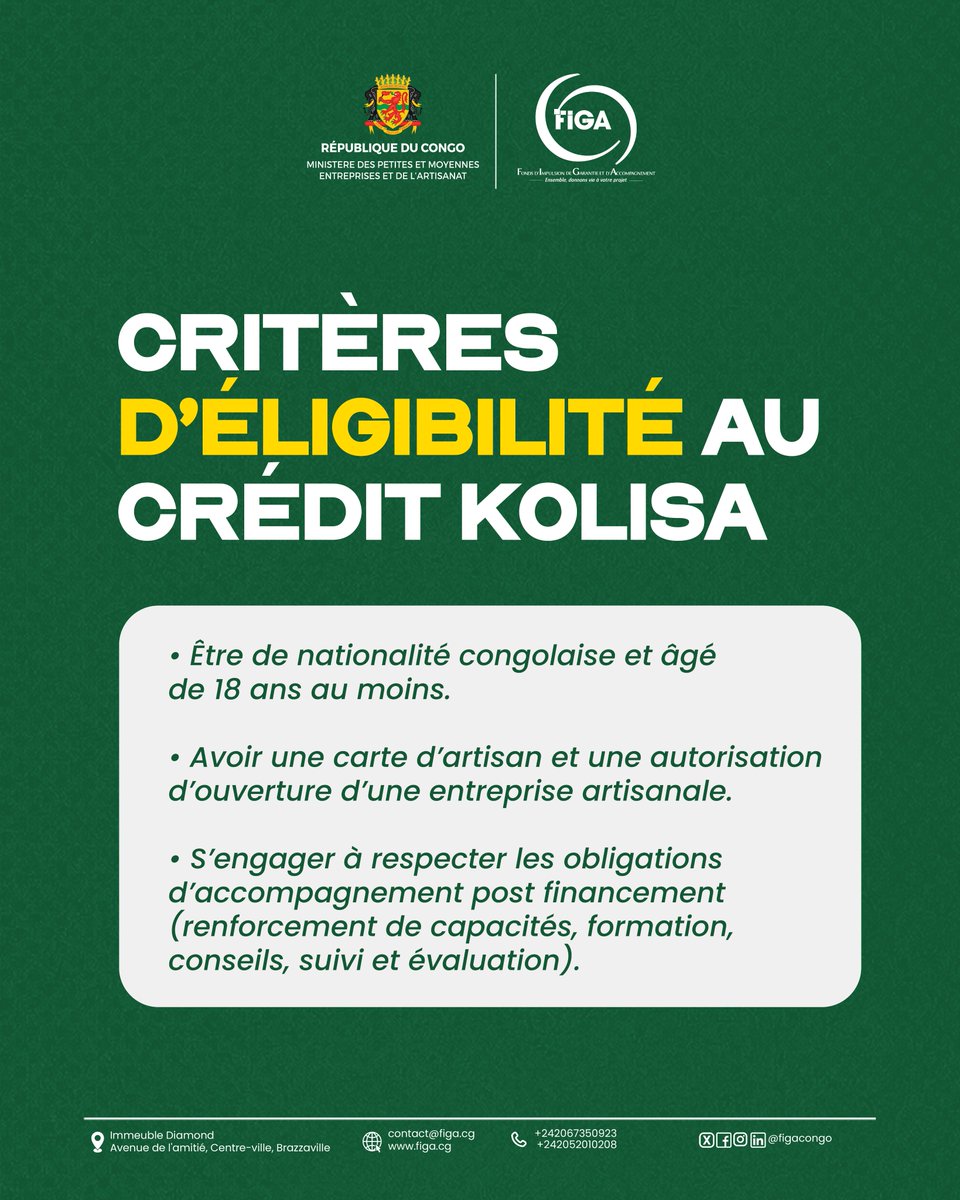 FigaCg's tweet photo. 🔍 Êtes-vous éligible au crédit KOLISA ?

Voici les critères essentiels :
• Être Congolais(e), 18 ans minimum
• Détenir une MTPMEA (Micros, très petites, petites et moyennes entreprises) à 50% nationale
• Avoir une carte d’artisan + autorisation d’ouverture
• Disposer d’un lieu d’activité
• Participer au suivi et à l’accompagnement post-financement

💬 Vous remplissez déjà certaines conditions ? Dites-le-nous !