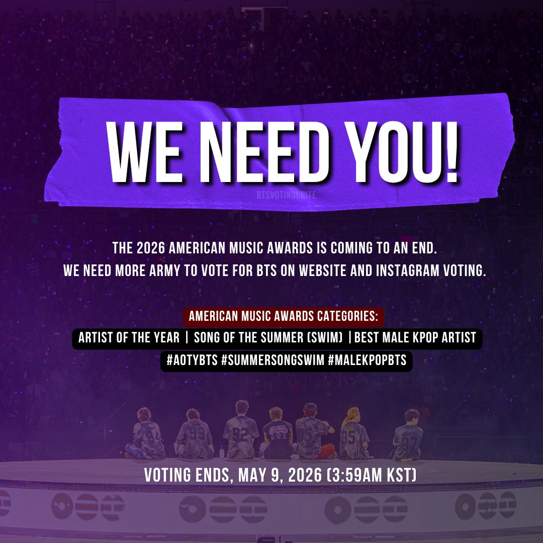 WE NEED YOU EVERYONE

Mass post the poster on all your social media platforms. 

🔁 Share the poster + voting links on all your social media:
Facebook • Instagram • X • TikTok • Weverse • Reddit • Tumblr

🌐:vote.theamas.com
Insta:
👉 bit.ly/4tc14lL
👉