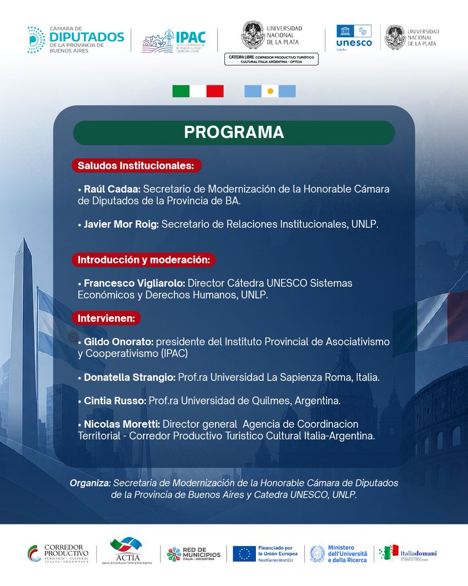 SRIUNLP's tweet photo. Invitamos al seminario internacional “Economía, Derechos Humanos y Orden Internacional en Peligro: Desafíos y Oportunidades entre Italia y Argentina”, organizado por la Cátedra UNESCO de la @unlp en "Sistemas Económicos y Derechos Humanos".
https://t.co/m2EoFZpqL7 https://t.co/tedyjGi4HO