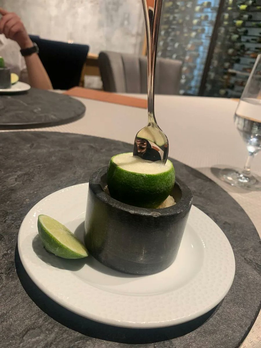 PonBaron290323's tweet photo. 4/4 and new deserts, lime sorbet and some mushroom chocolate bowl.  

Overall we had 12 dishes plus 2 compliments from the chef but yeah, just wanted to show only the new works of his, it might have been the best dinner I have ever had not gonna lie. https://t.co/IL3ishhtrA
