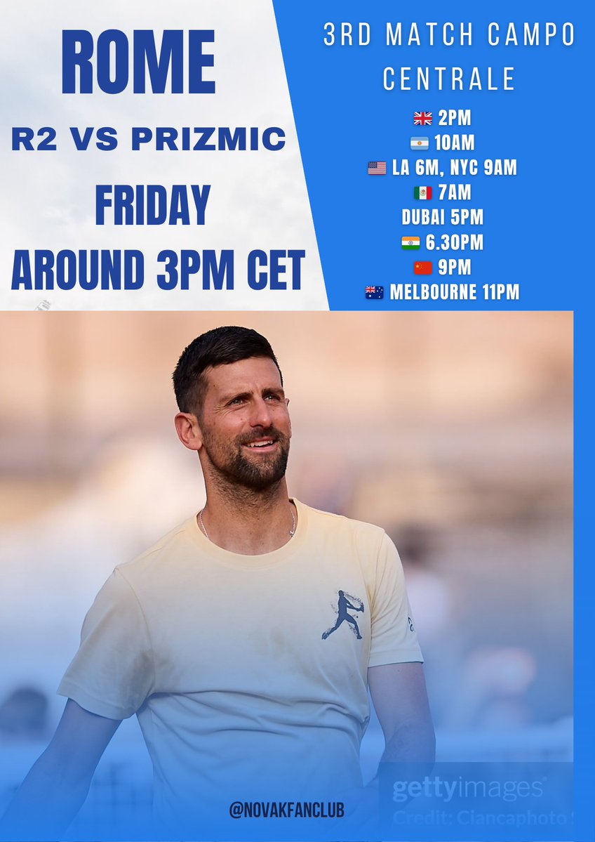Djokovic vs Prizmic 

Friday around 3pm 

<a href="/InteBNLdItalia/">Internazionali BNL d'Italia</a> 

Idemooo <a href="/DjokerNole/">Novak Djokovic</a> 💪