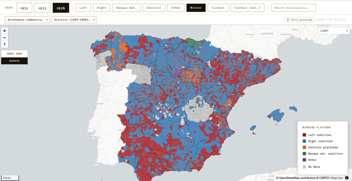 🗺️Atles electoral de la Segona República.

Quin va ser el comportament electoral en les legislatives celebrades entre el 1931 i el 1936?

Publiquem, en versió beta i en primera fase, els resultats electorals de les legislatives de febrer del 1936 👇
tonirodon.cat/second-republi…
(1/n)