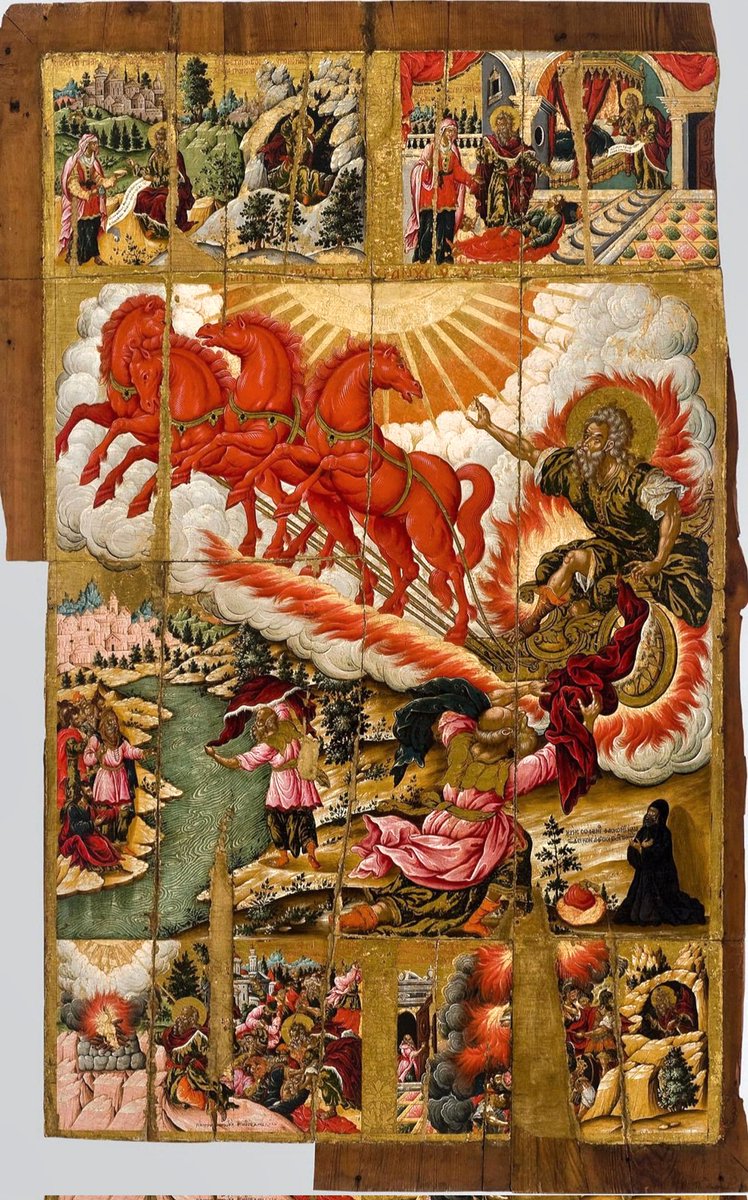 solas_na_greine's tweet photo. Icon of The Ascension of the Prophet Elijah and scenes from his life, Theodoros Poulakis, Crete, 17th century. The icon was stolen in 1976 + cut into 9 pieces to be transported easily + sold by looters, who were arrested a few years later. The damaged work was repaired in 1984. https://t.co/veXyA8oUVl