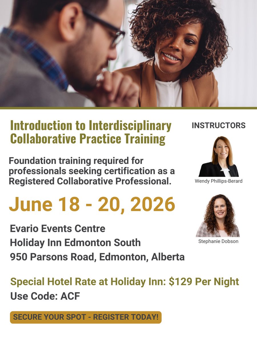 DivorceAb's tweet photo. Attending the Introduction to Interdisciplinary Collaborative Practice Training this June?

A special rate of $129/night + taxes is available at Holiday Inn Edmonton South – Evario Events with code ACF.

Register: https://t.co/JqY101A2iY

#CDAA #CollaborativePractice #FamilyLaw https://t.co/JUwyMxbqa2