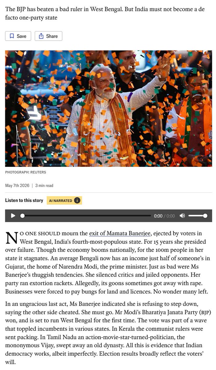sreemoytalukdar's tweet photo. The Economist has some unkind words for Mamata Banerjee. Guess her case at ICJ just got weaker 🥹 https://t.co/WbZxX03qV6