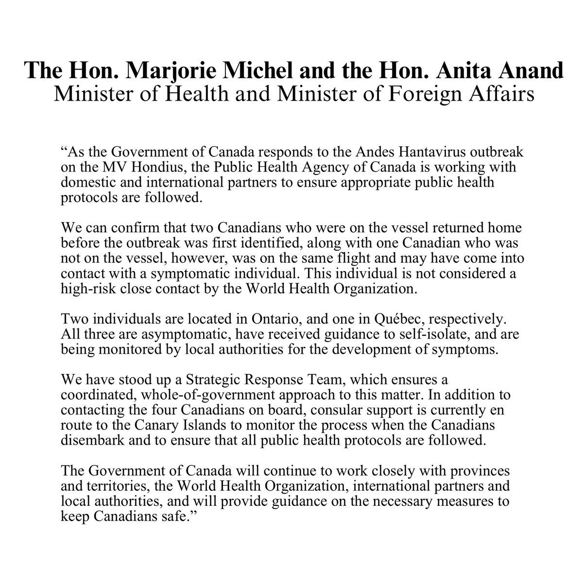 The Government of Canada responds to the Andes Hantavirus outbreak on the MV Hondius.
