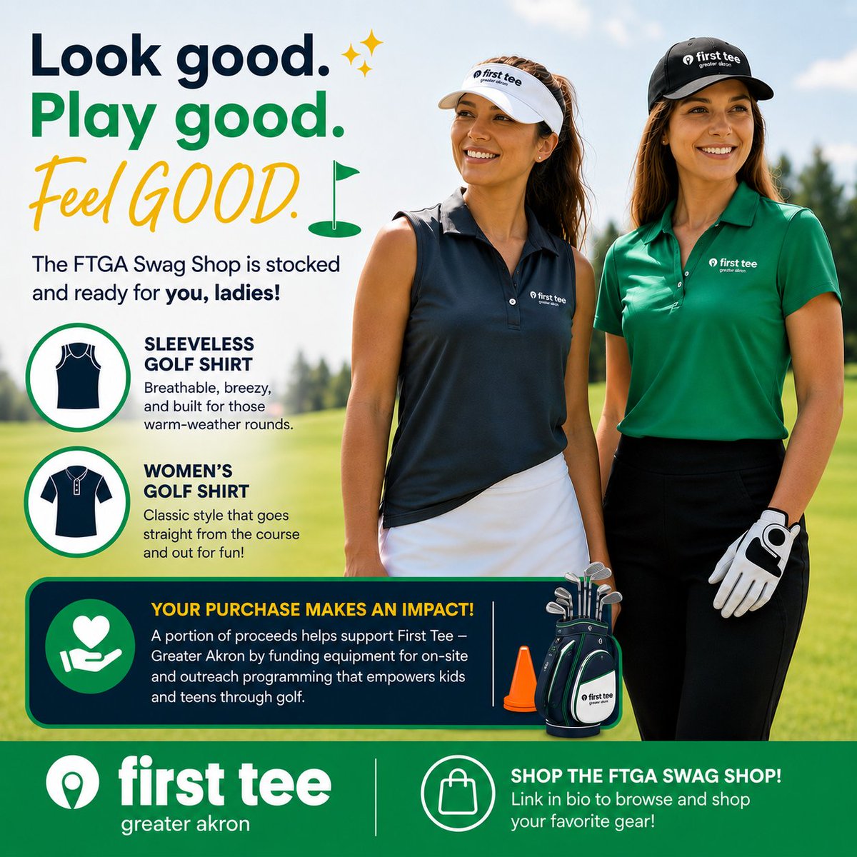 FirstTeeGrAkron's tweet photo. ⛳✨ Look good. Play good. Feel GOOD. ✨⛳
 
The FTGA Swag Shop is stocked with women’s gear perfect for the course and beyond! 👕🏌️‍♀️
 
 💚 Every purchase helps support FTGA programming and equipment for kids and teens.
 
 👉 https://t.co/XDfwU8S75o https://t.co/3HVA1eIhYc