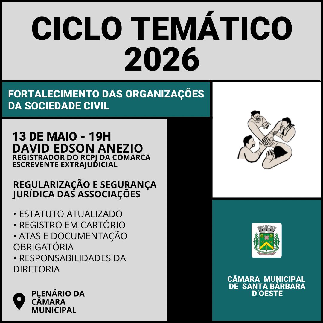 cmsbo's tweet photo. A Câmara Municipal realiza o 1º encontro do Ciclo Temático 2026 com o tema “Fortalecimento das Organizações da Sociedade Civil”. O evento acontece dia 13/05, às 19h, no Plenário, com palestra de David Edson Anezio sobre regularização e segurança jurídica das associações. https://t.co/W4irDVHH29