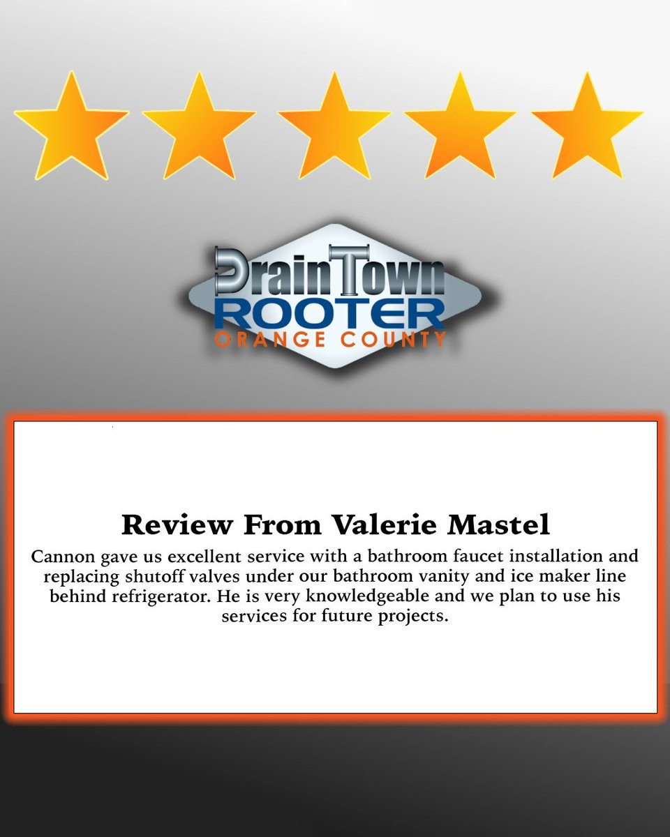 draintownrooter's tweet photo. "Cannon gave us excellent service with a bathroom faucet installation and replacing shutoff valves under our bathroom vanity and ice maker line behind refrigerator. He is very knowledgeable and we plan to use his services for future projects."
Valerie Mastel https://t.co/4qZP92QXyQ