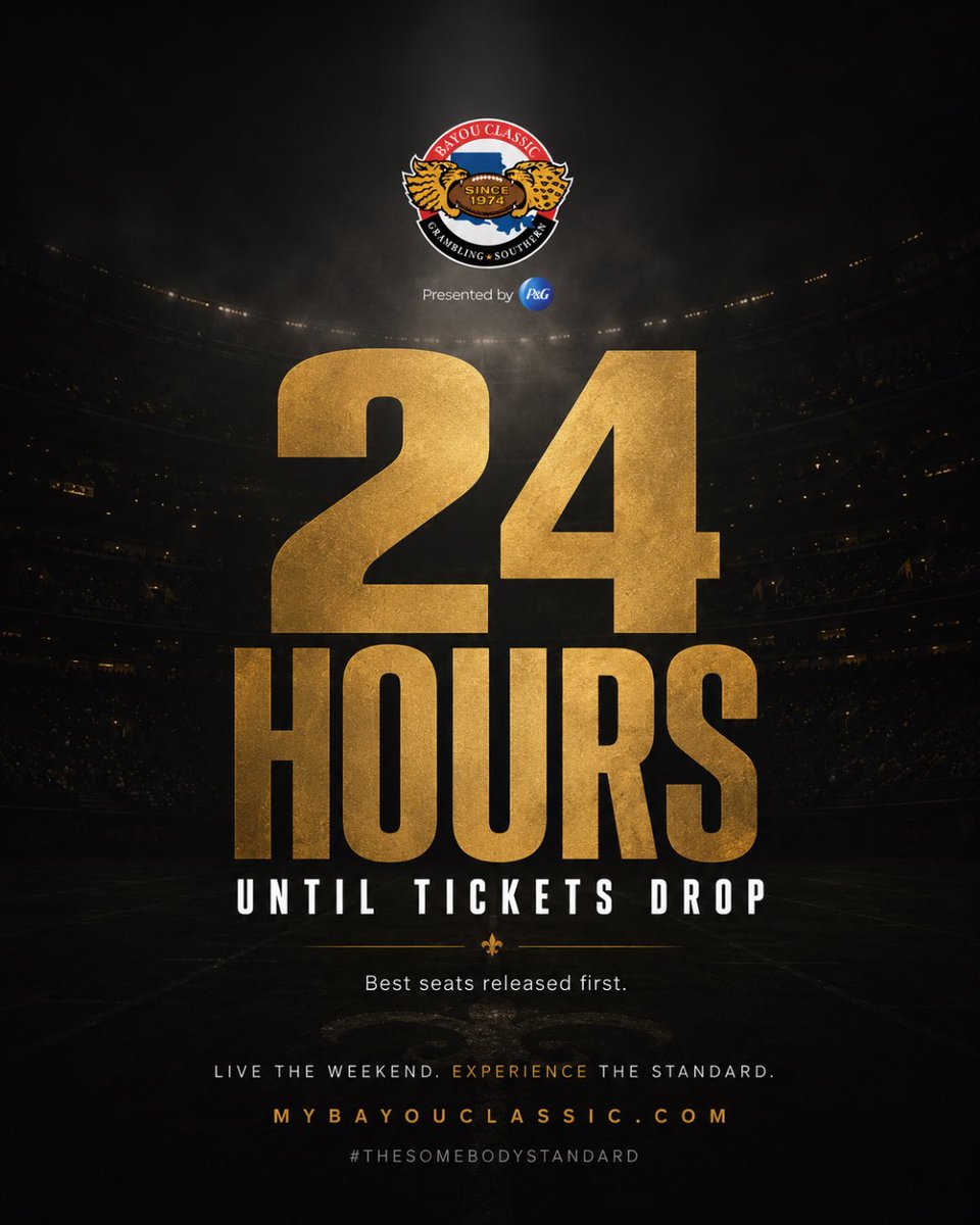 BayouClassic74's tweet photo. 24 HOURS. 🏈  

Best seats drop first.  
Be ready.  

🎟 https://t.co/MqJzTqyR2w  
#TheSomebodyStandard https://t.co/BgKmtJ3l1s