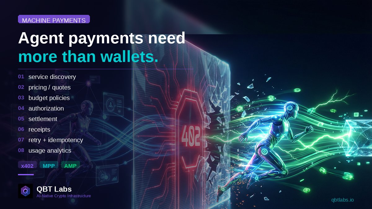 QBTLabs's tweet photo. Agent payments need more than wallets.

For API providers and agent platforms, the practical stack is:

- service discovery
- pricing / quotes
- budget policies
- authorization
- settlement
- receipts
- retry + idempotency
- usage analytics

x402, MPP, and AMP are different pieces of this emerging machine-payment layer.

The next API customer may not be a human with a subscription. It may be an agent with a budget.