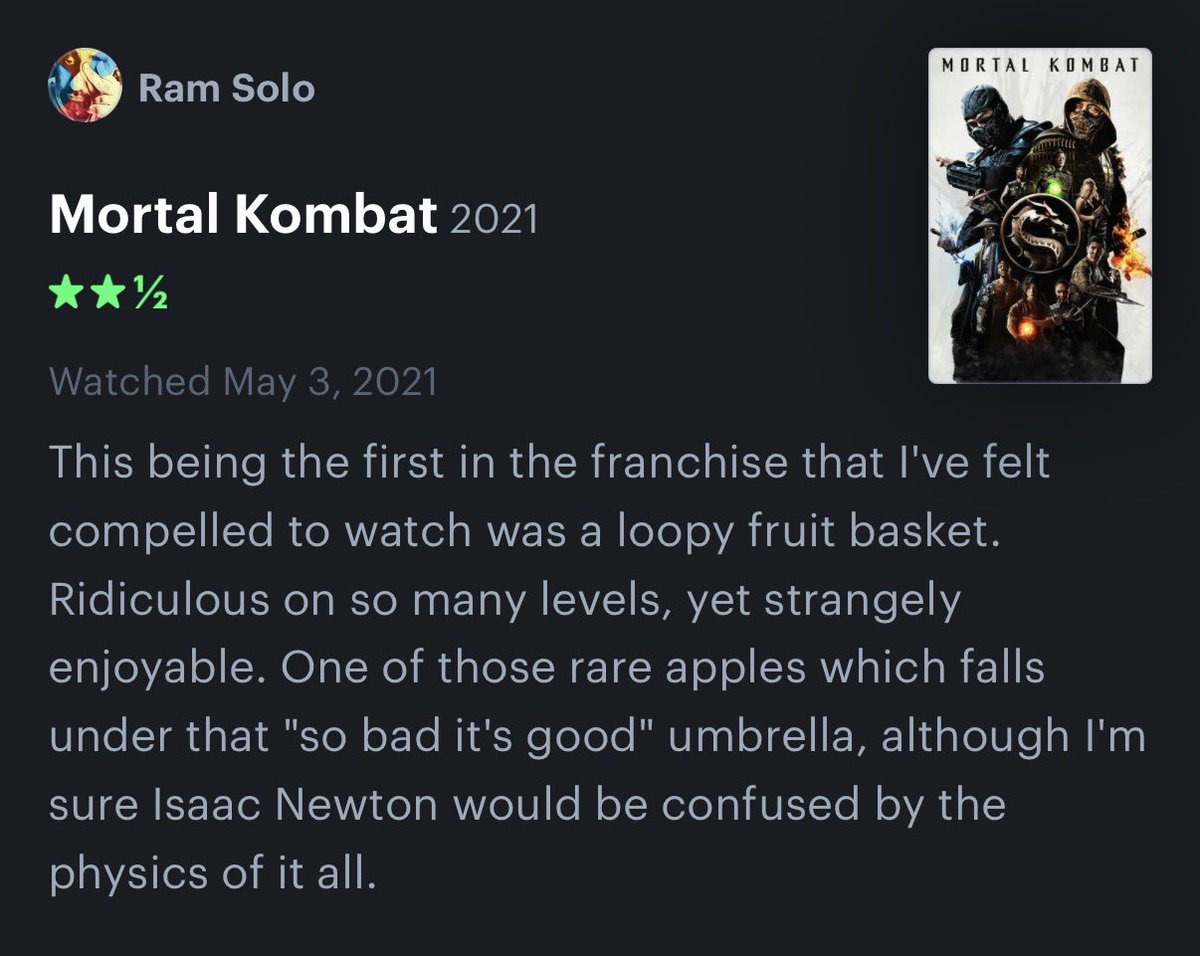 jun6lee's tweet photo. Started watching the 2021 Mortal Kombat and thought this opening scene is familiar. Half hour in, wait a minute, I’ve seen this before. 

Looked it up on @letterboxd and found my log of it. Quite similar thoughts.

An enjoyable ridiculous spectacle.

That star rating though. 🤨 https://t.co/sAKXherNOQ