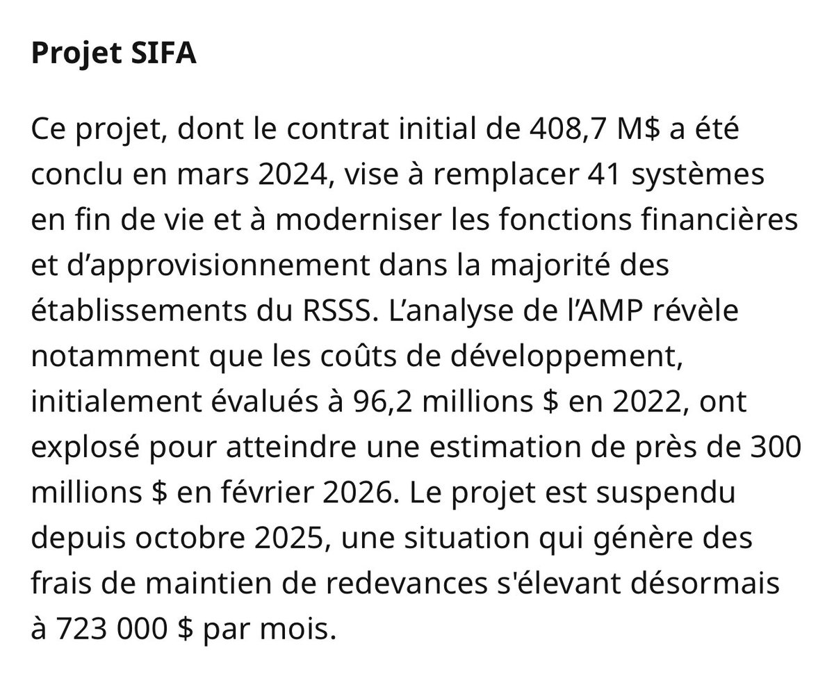 monsefderraji's tweet photo. 🚨.#SIFA
@AMP_Quebec reproche au MSSS :
• Une sous-implication dans le suivi du projet
• L’absence de vérifications adéquates avant la signature du contrat
• Le transfert prématuré des responsabilités à @sante_qc
• Une gestion déficiente des fonds publics

Après #SAAQclic, votre gouvernement @SBelangerCAQ n’a rien compris.

Combien d’organismes, d’enquêtes et de rapports faudra-t-il encore pour que ce gouvernement comprenne ?
#AssNat 
https://t.co/Z9etX3Xd0t