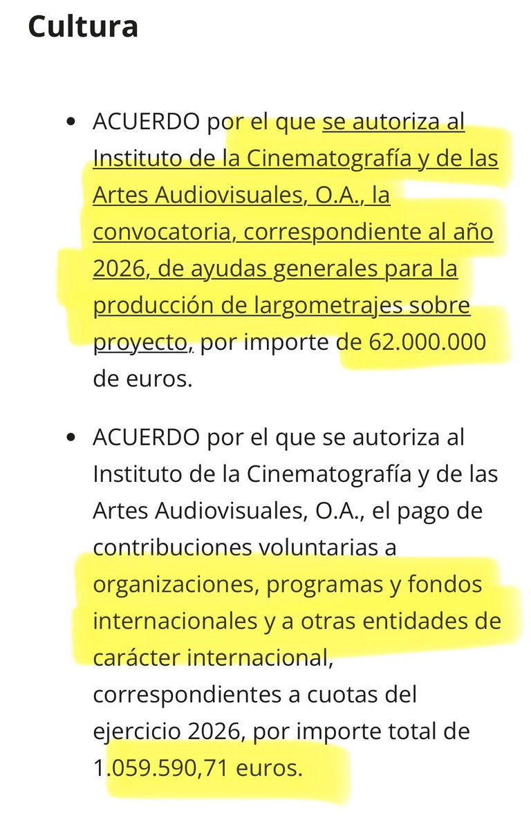 ⭕️ Paso por aquí para informarles de que este martes (5-5-2026) el Gobierno decidió conceder subvenciones a la producción de PELÍCULAS por valor de 62.000.000 € de sus impuestos.

Ah! También decidió donar más de 1 millón de € más a no se sabe quién en el extranjero.

Lean,