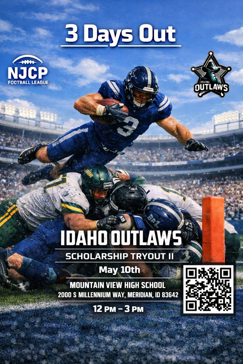 IDOutlaws2026's tweet photo. 🏈 3 Days Out. Goal line. One shot. Go airborne. May 10 • 12–3 PM • Mountain View High School #OutlawsRise
#IdahoOutlaws #ScholarshipTryout #JUCOFootball #RecruitMe #NextLevel #FootballTryout #MeridianID #CollegeFootball #EarnIt #GoalLine https://t.co/ahD2plAu6p