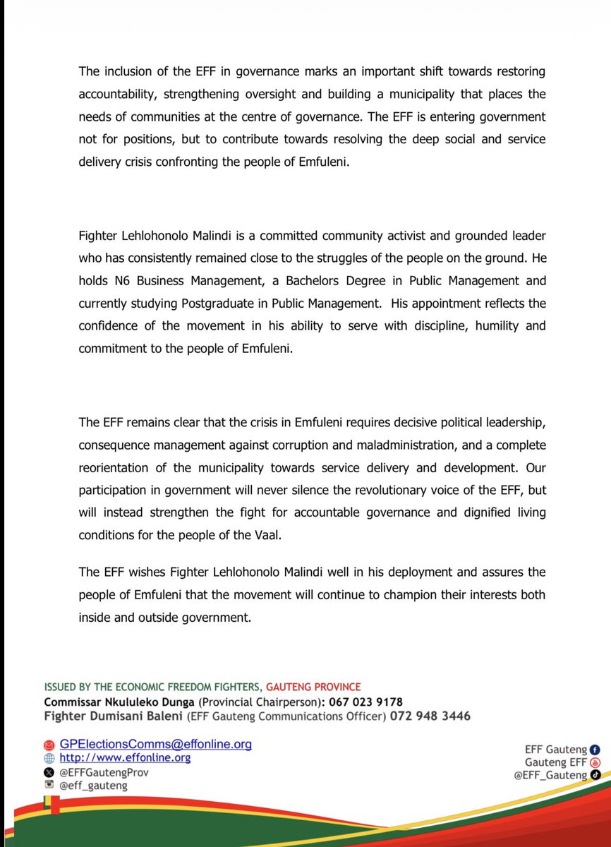EFFGautengProv's tweet photo. EFF Gauteng Welcomes the Appointment of Fighter Lehlohonolo Malindi, the EFF Emfuleni Sub-Regional Chairperson, as Member of the Mayoral Committee (MMC) responsible for Sports, Recreation, Culture, Arts, Library and Information Services, Parks and Cemetery in the Emfuleni Local Municipality.