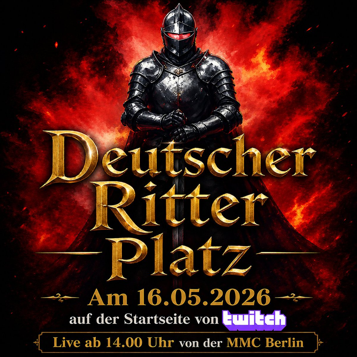 DEUTSCHER RITTER PLATZ

Am 16.05.2026 sind wir live auf der Mega Manga Convention in Berlin und das Ganze sogar auf der Startseite von Twitch!

Ab 14:00 Uhr nehmen wir euch mit direkt ins Geschehen und zeigen euch eine besondere Mischung aus Gaming, Anime, Manga und Comic Kultur