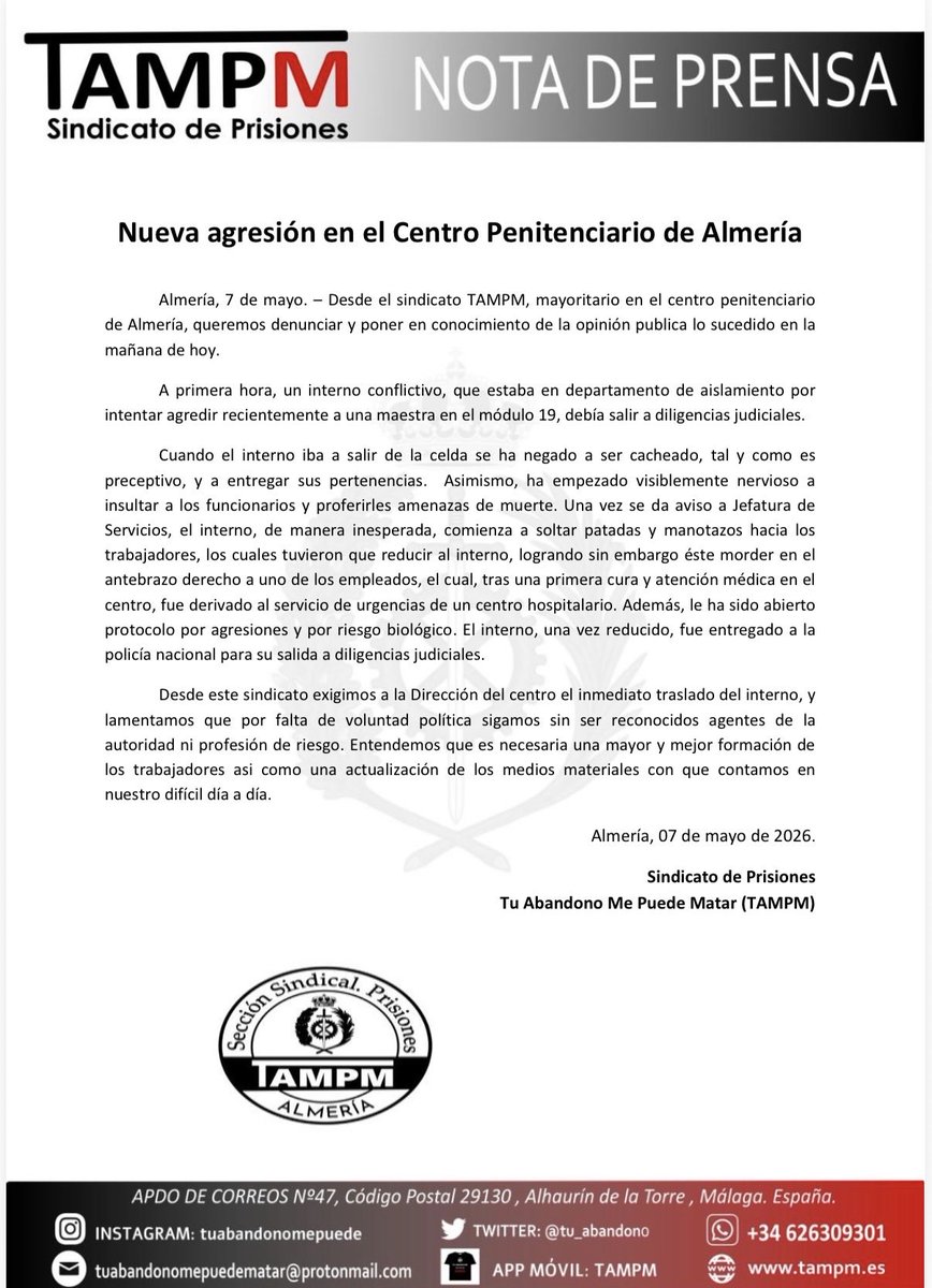 💢🚨Nuevamente un #funcionariodeprisiones acaba en 🚑urgencias🚑tras ser mordido por un interno extremadamente violento que ya tenía que haber sido trasladado por haber protagonizado otro episodio violento anteriormente 🚨💢#agentesautoridadya