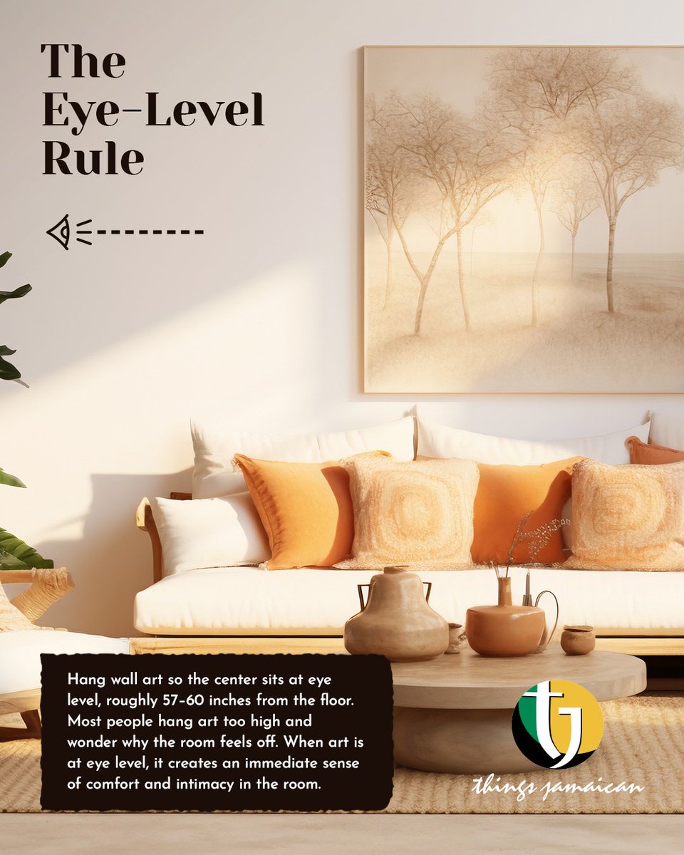 Want your home to feel warmer and more welcoming? Try the Eye-Level Rule! 🎨 Hang your art 57-60 inches from the floor and instantly boost comfort and intimacy. Most people hang pieces too high — let’s change that! Share your wall art transformations with us. #ThingsJamaican
