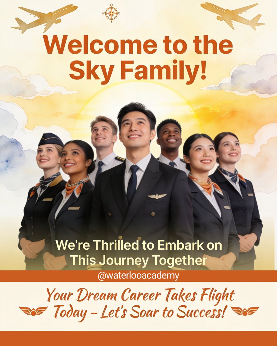 WaterlooAcademy's tweet photo. A warm welcome to the Sky Family! ✈️Our team is excited to begin this journey with you and help you take the first steps towards a successful Airline Cabin Crew career. Get ready for training, teamwork, confidence building, and more! #CabinCrew #FlightAttendant #waterlooacademy https://t.co/3yaHg0mgkZ