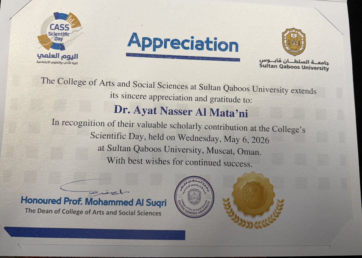 AyatMatani's tweet photo. سُعدت بالمشاركة في اليوم العلمي لكلية الآداب والعلوم الاجتماعية عرض بحثي المنشور:
Defining the Intangible: Negotiating Intangible Cultural Heritage in Modern Oman
يتناول قضايا صون التراث الثقافي غير المادي، ولا سيما التراث الموسيقي، بين الأرشفة المؤسسية والممارسات المجتمعية الحية https://t.co/vZV4d37udF