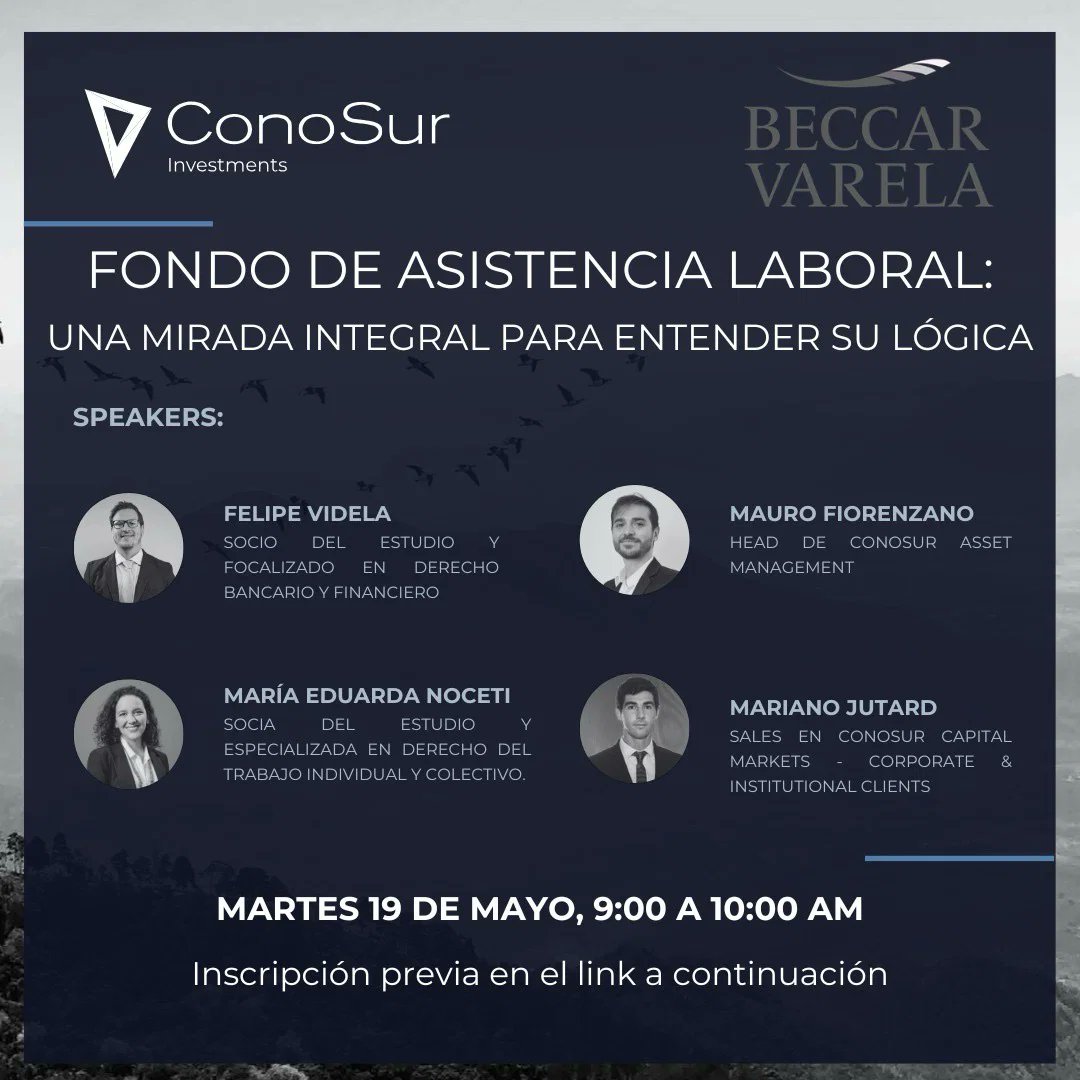 ConoSur_Arg's tweet photo. Desde ConoSur te invitamos a participar de nuestro nuevo webinar acerca del FONDO DE ASISTENCIA LABORAL que estaremos brindando junto al estudio jurídico Beccar Varela.

Cuándo: 19 may 2026 09:00 AM Buenos Aires.

Tema: FAL: una mirada integral para entender su lógica

Link de inscripción:

https://t.co/fHdXCFUPoB

Después de registrarse, recibirás un correo electrónico de confirmación con información acerca de cómo unirse al seminario web.