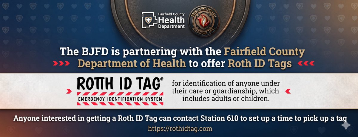 BasilJFD's tweet photo. The BJFD is partnering with the Fairfield County Department of Health to distribute Roth ID Tags.  Roth ID Tags are designed to help identify anyone what is under the care of guardianship of another person, which includes adults and children.  Tag kits are FREE and available at https://t.co/FuF8HiPWsy