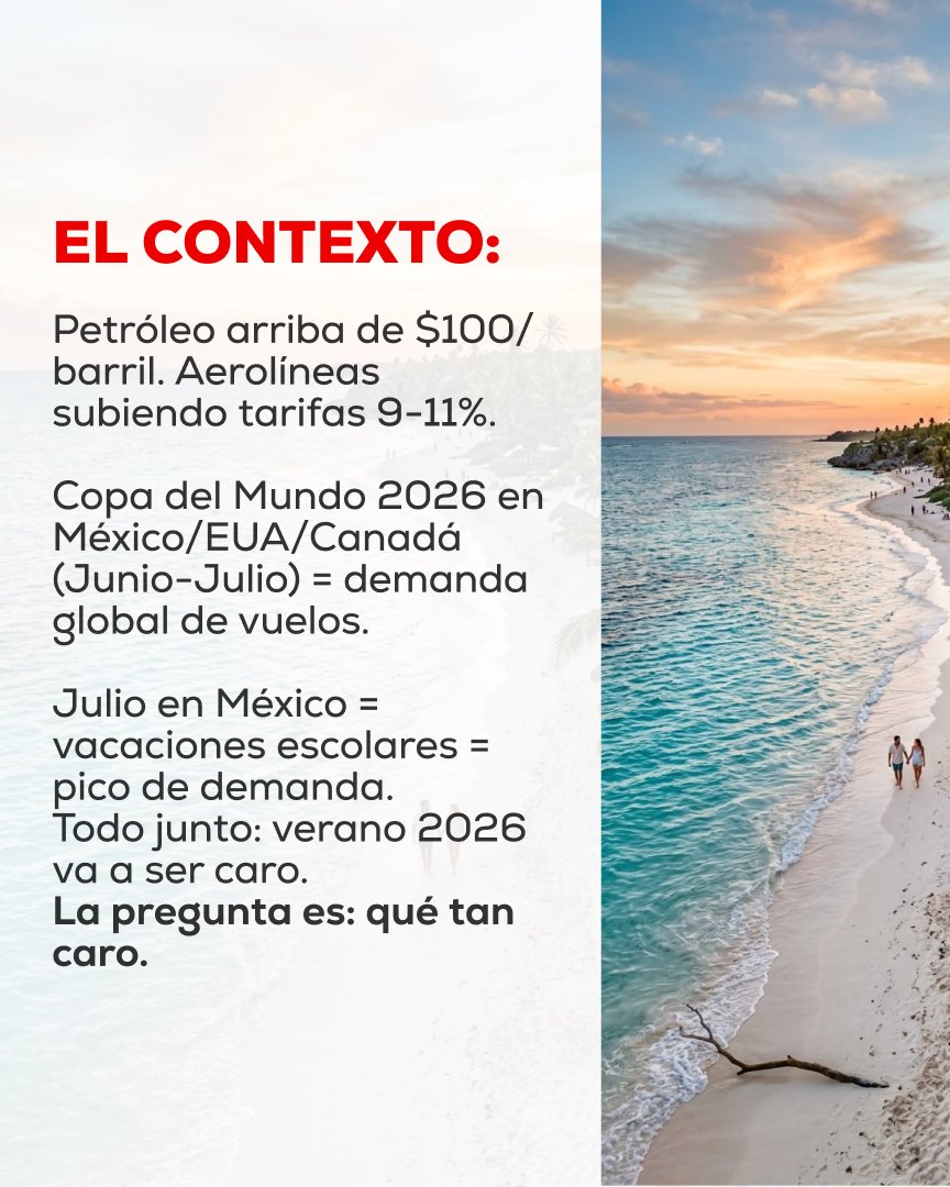 ticket_mx_'s tweet photo. Petróleo caro. Copa jalando demanda. Vacaciones empezando. Los precios de vuelo están subiendo — y van a seguir. No es pánico. Son datos. Y si encuentras más barato después? Te devolvemos. Link en bio.
 #verano2026 #vuelosbaratos #viaje #México #Copa2026 #vacaciones https://t.co/dZC5A4YLi7