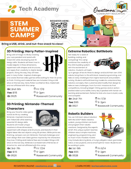 OwatonnaCommEd's tweet photo. STEM Summer Camps are here at Owatonna Community Education!

Register your kiddo today at https://t.co/1k9UY1ZCIq

#OwatonnaCommTogether #OwatonnaProud https://t.co/zPQmKVupT8