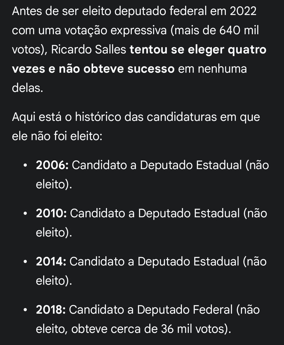 <a href="/petroConservado/">Petropolis Conservador 🇧🇷</a> É  bom que esse <a href="/rsallesmma/">Ricardo Salles</a> aí em quem votei em 2022  por causa do Bolsonaro nao venha dar uma de coitado depois, se elegeu na costas  do Bolsonaro e depois roeu  a corda, antes do Bolsonaro  era fracasso total nas eleições  que disputava.