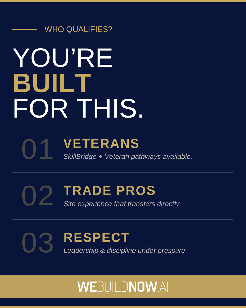 BuildNowMC's tweet photo. AI isn’t the bottleneck.
The workforce is.

BuildNow’s Data Center Project Manager program prepares veterans, trade pros, and leaders for data center careers.

Under 2 months. Skillbridge + veteran pathways. $75K–$95K starting salary.

Get Started➤ https://t.co/F9fgtcmfq2 https://t.co/ZLoCf7k6i7