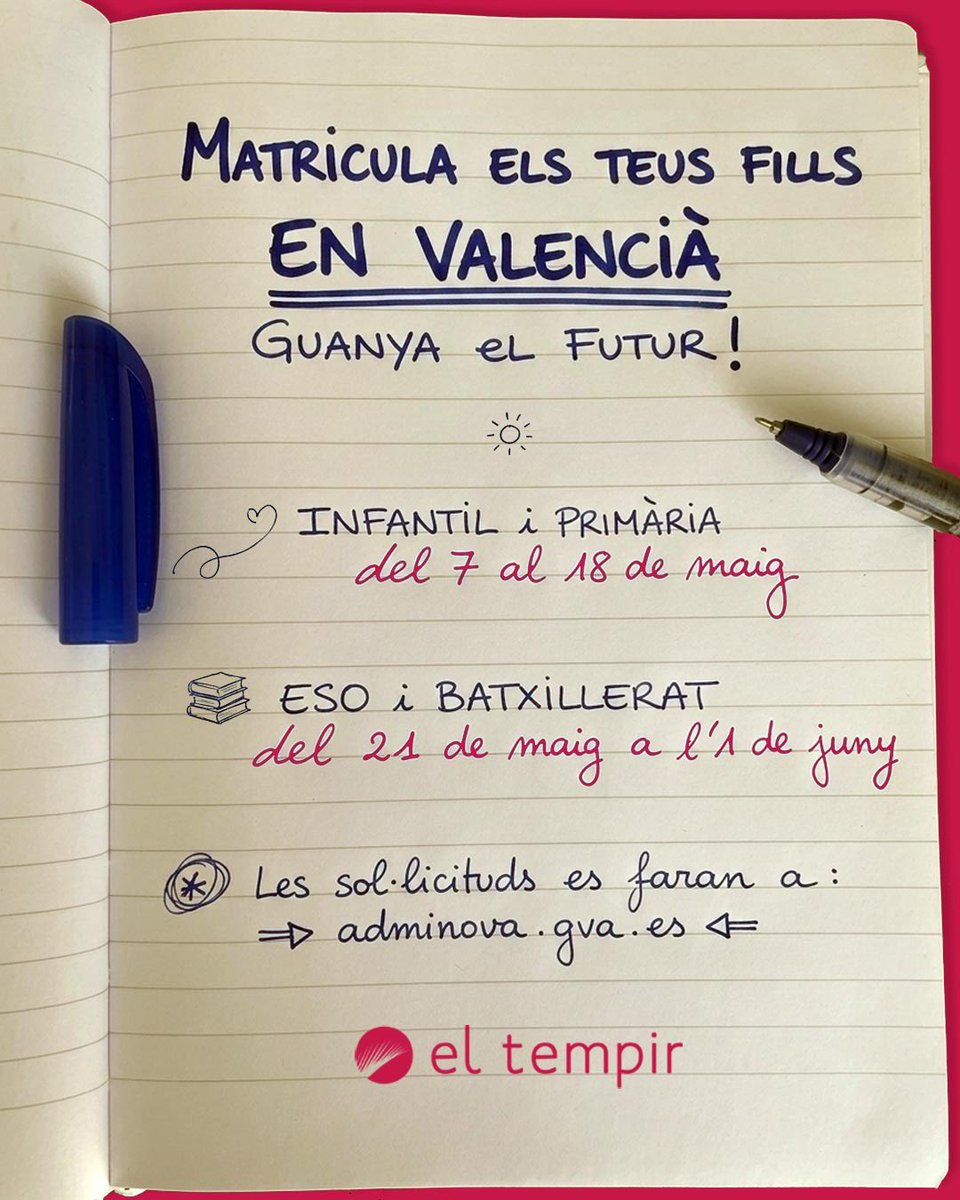 En la matrícula del teu fill, pensa que educar és obrir portes.
Dona-li-les totes: tria valencià.

Fes del valencià la llengua base de l’ensenyament!